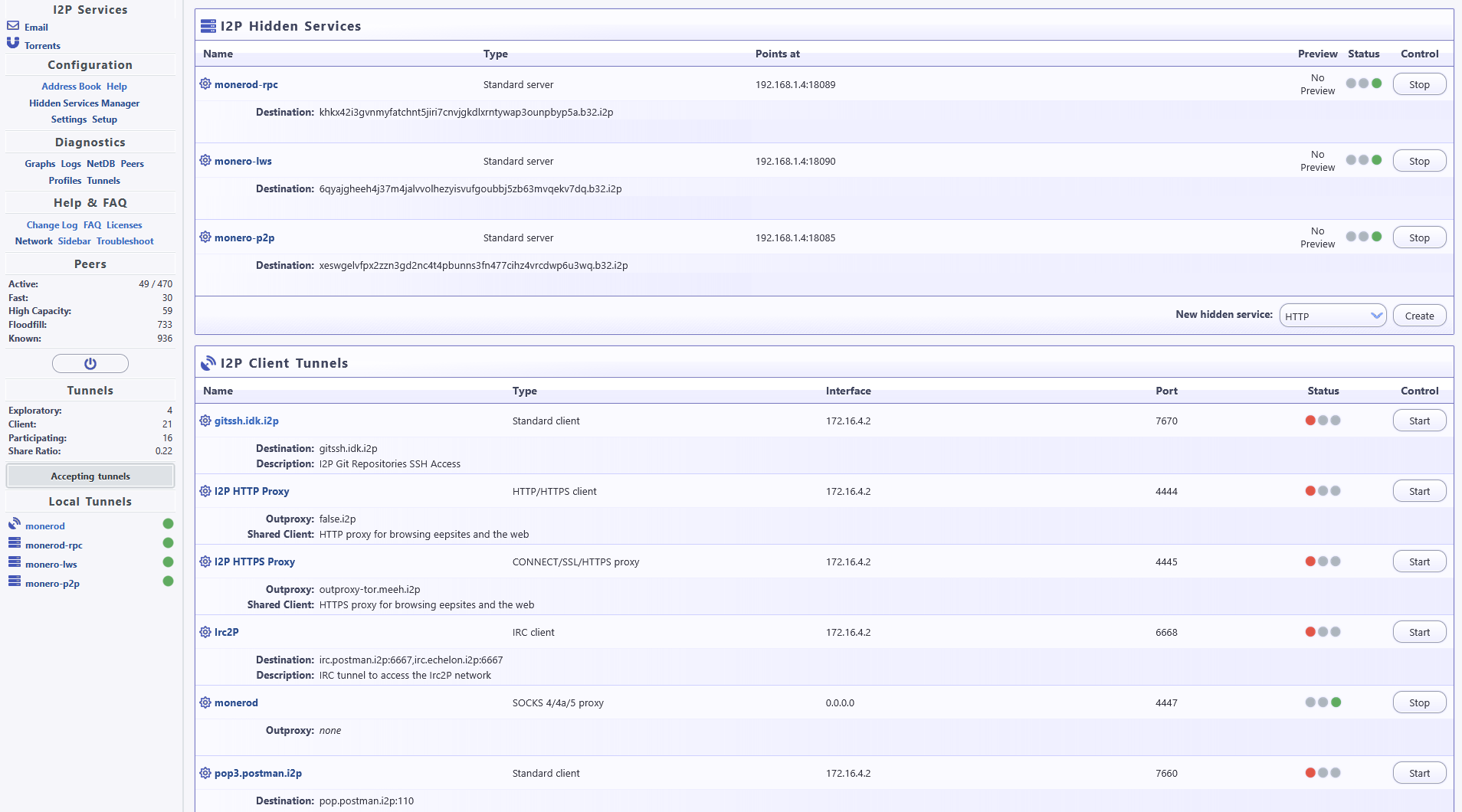 Screenshot showing I2P Hidden Services settings
