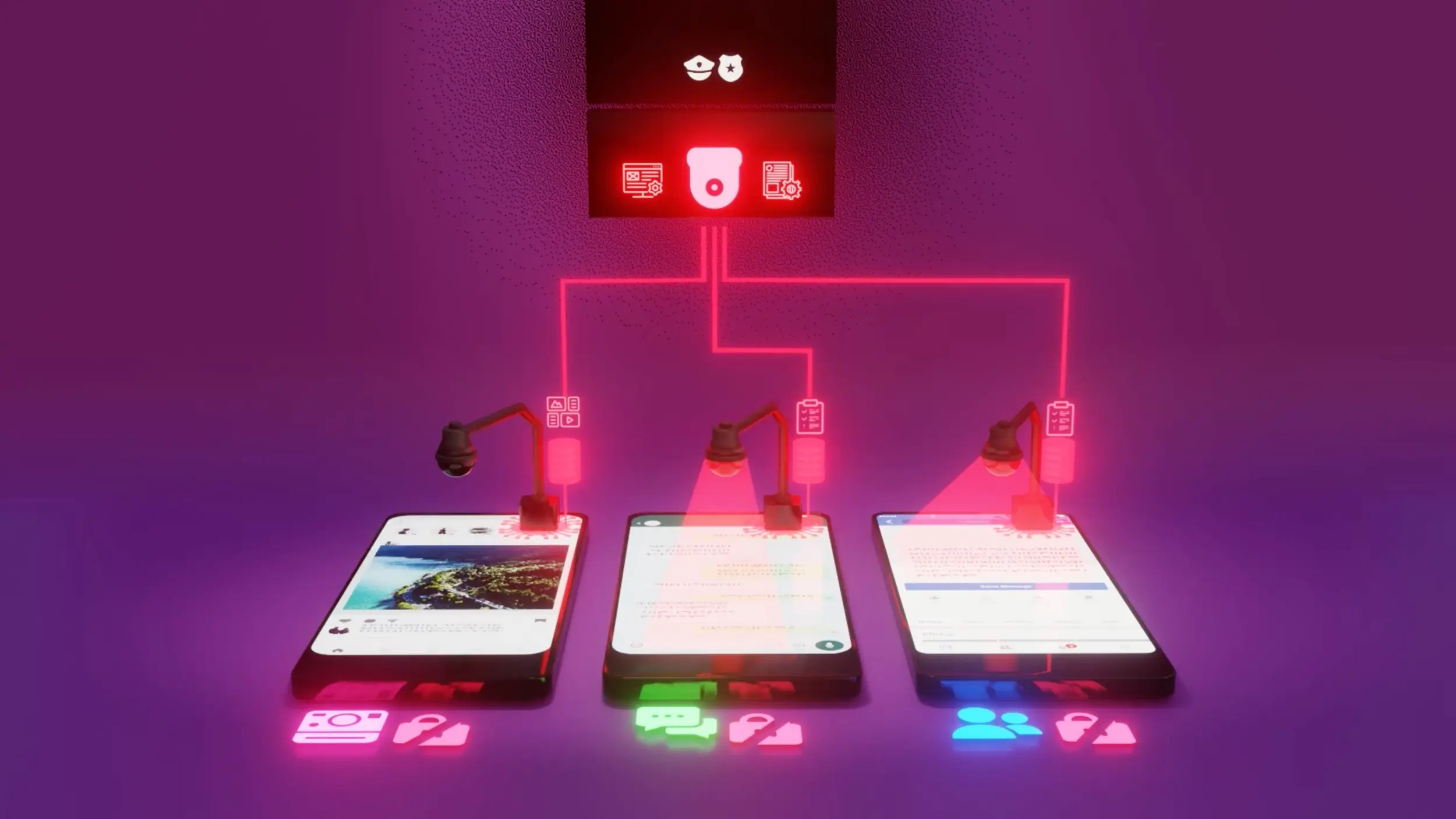 Still image from a video showing an illustration of three cellphones being scanned by a red light, with lines leading to a law enforcement icon.