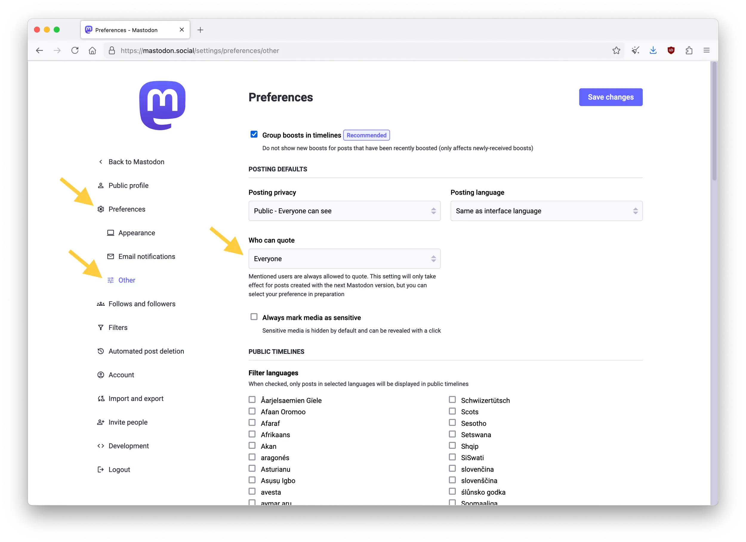 Screenshot of the Mastodon web interface showing the "Preferences" page in Preferences.