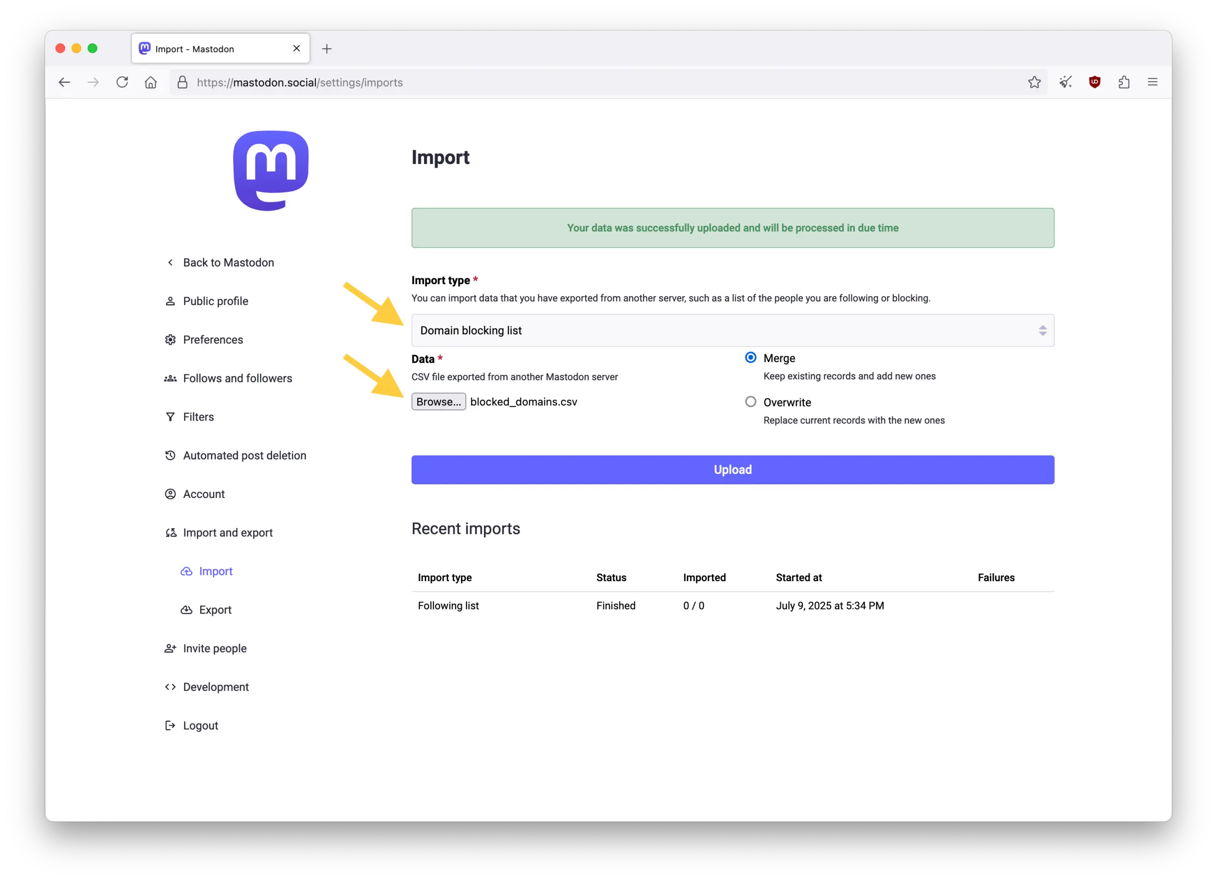 Screenshot of the Mastodon web interface showing the Import page in Preferences.