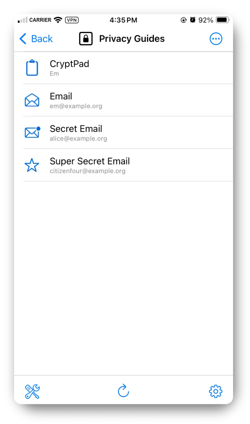 Screenshot from the iOS app showing the page within a Group with four different entries.