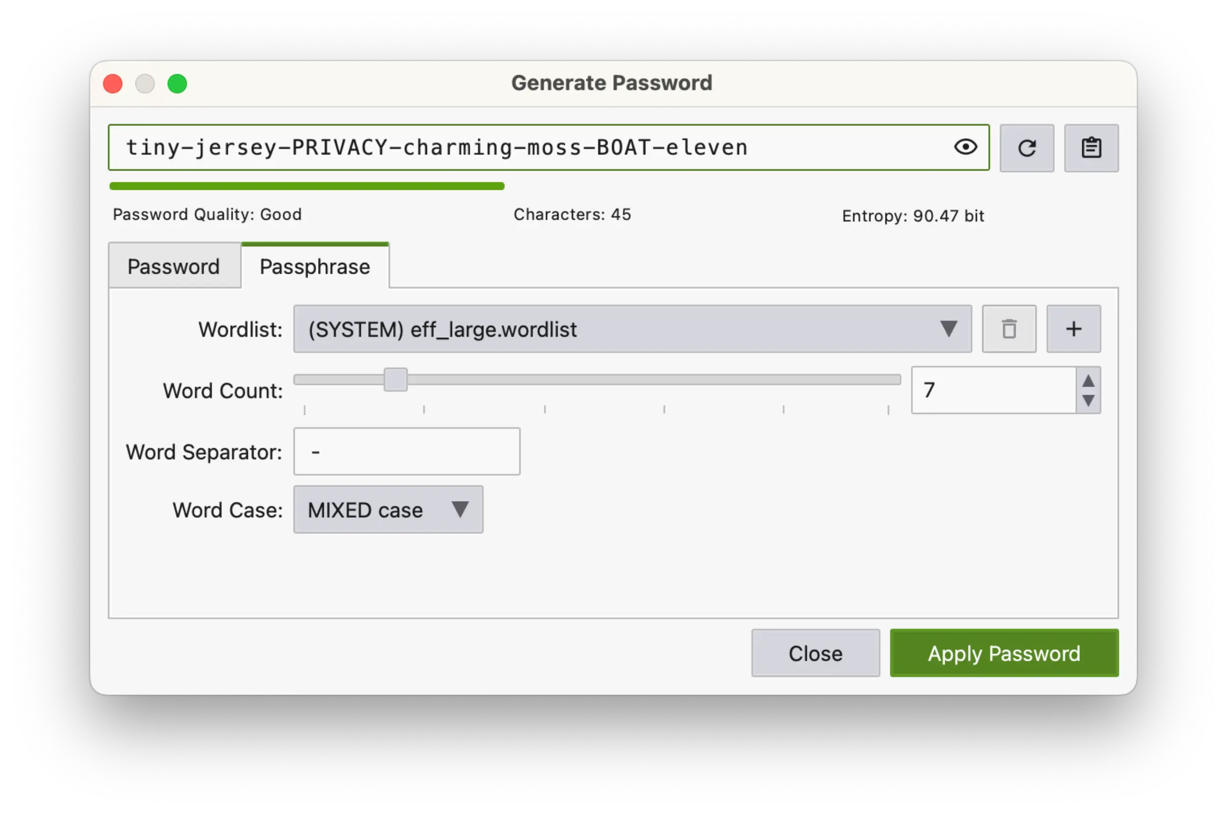 Screenshot of the KeePassXC application showing the popup to Generate Password.