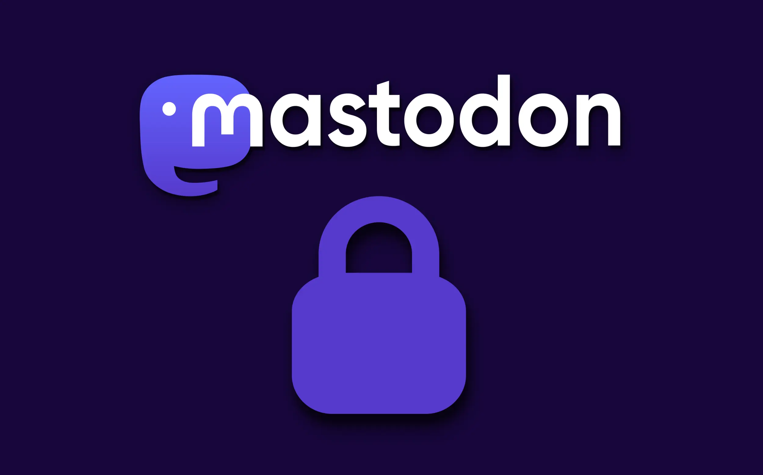 The Mastodon name and logo over a dark purple background with a large purple padlock icon under it.