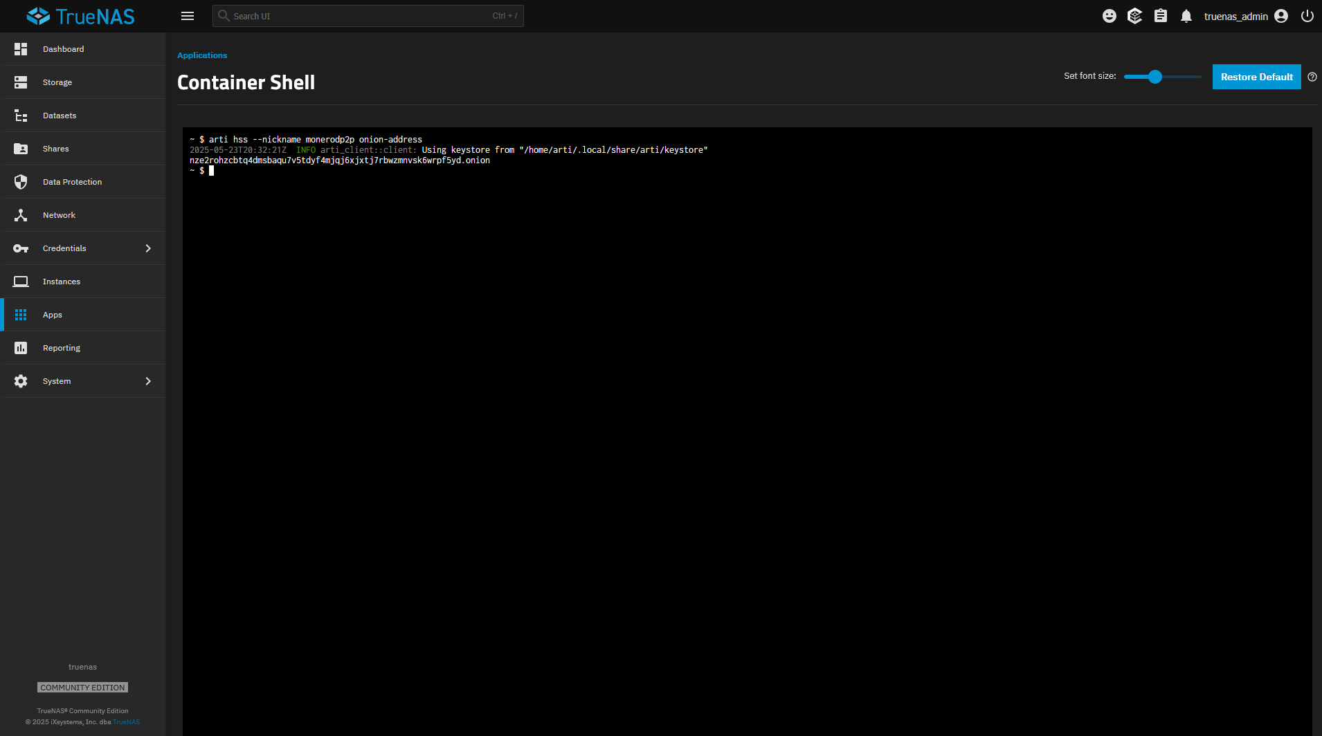 /privacyguides/privacyguides.org/raw/commit/d7d6e37b146d8e4e67424ddf7a9d31441e4bd6d0/blog/assets/images/monero-server-using-truenas/04-arti-shell.webp
