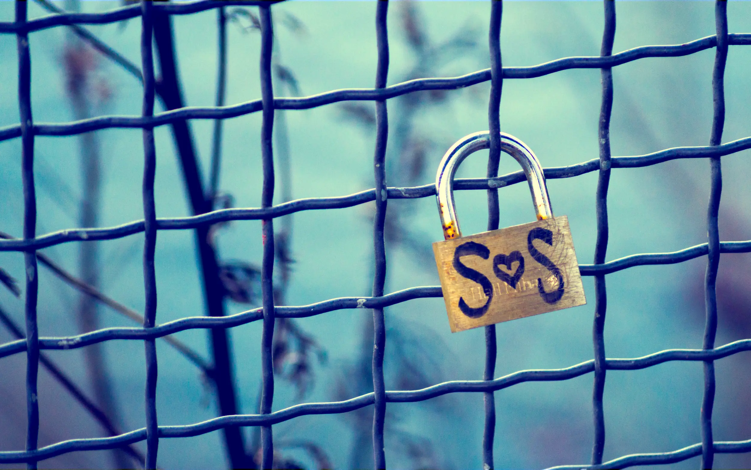 Photo of a padlock with "SOS" written on it and a drawn heart instead of an "O" letter. It is locked on a metal fence.