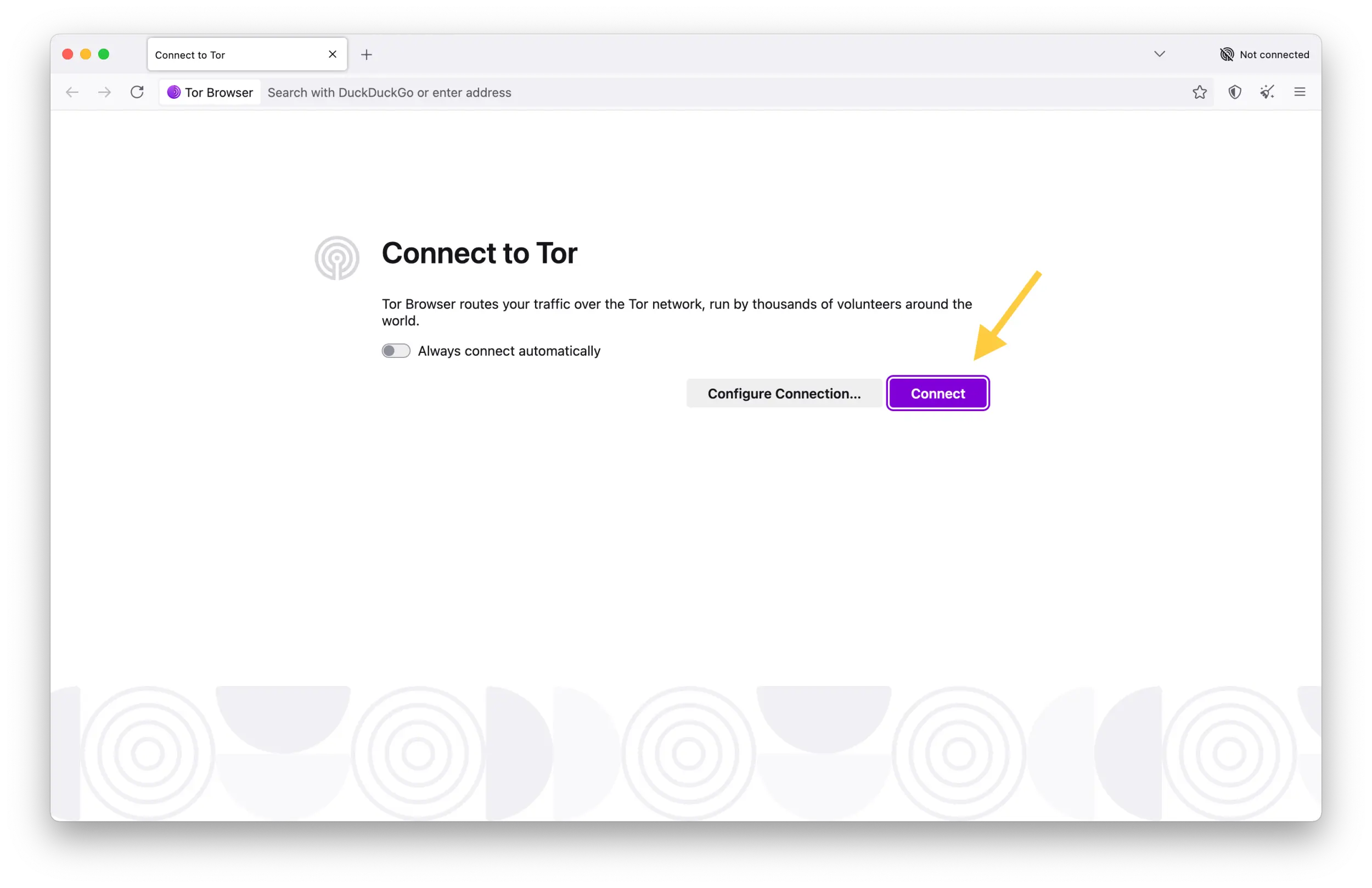Screenshot from the Tor Browser showing the "Connect to Tor" welcome page.