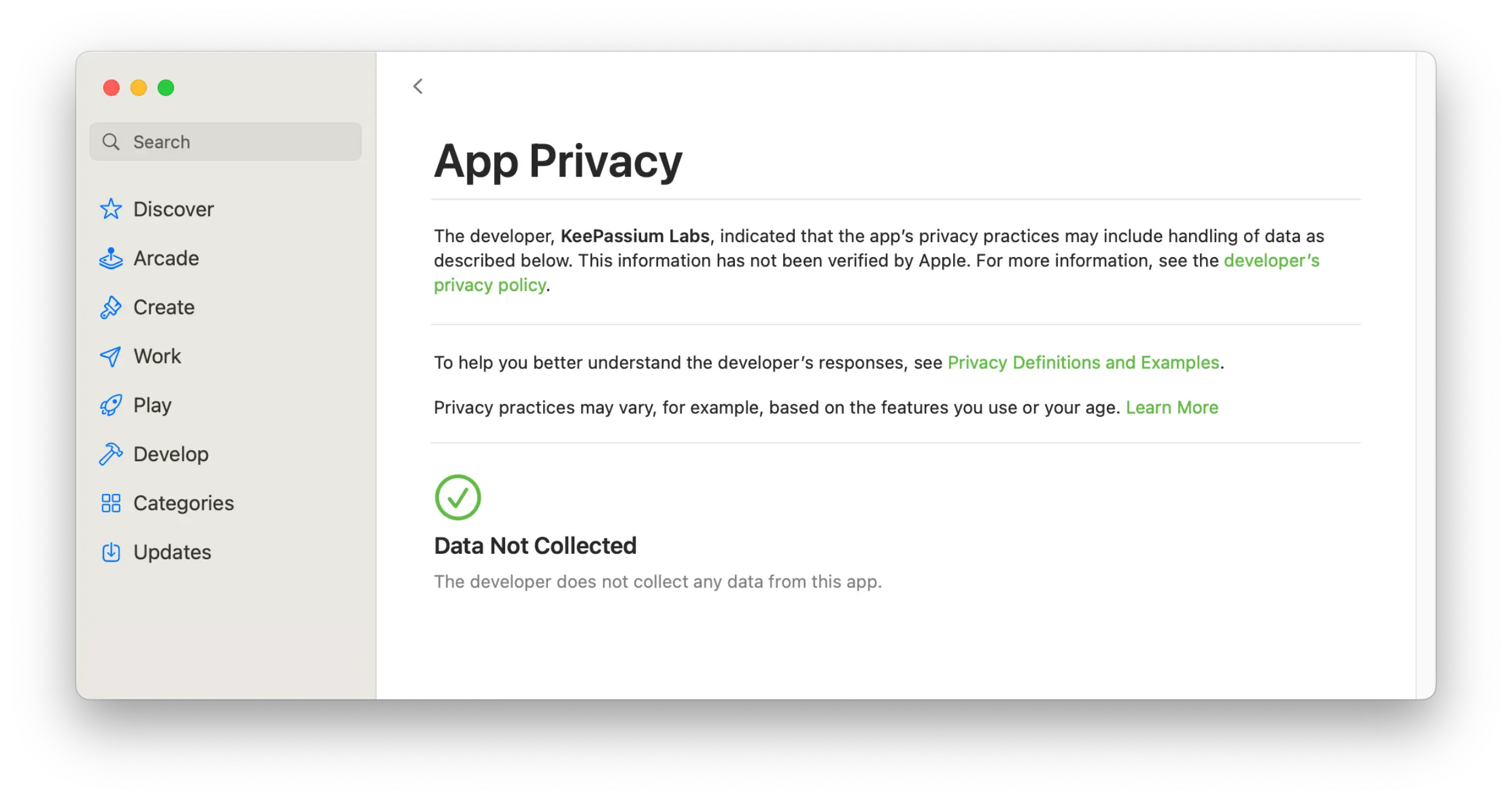 Screenshot from Apple's App Store for KeePassium's App Privacy label. The label states that the "developer does not collect any data from this app".