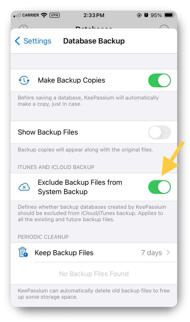 Screenshot from the iOS app showing the Database backup page from Settings with the "Exclude Backup Files from System Backup" option enabled in green.