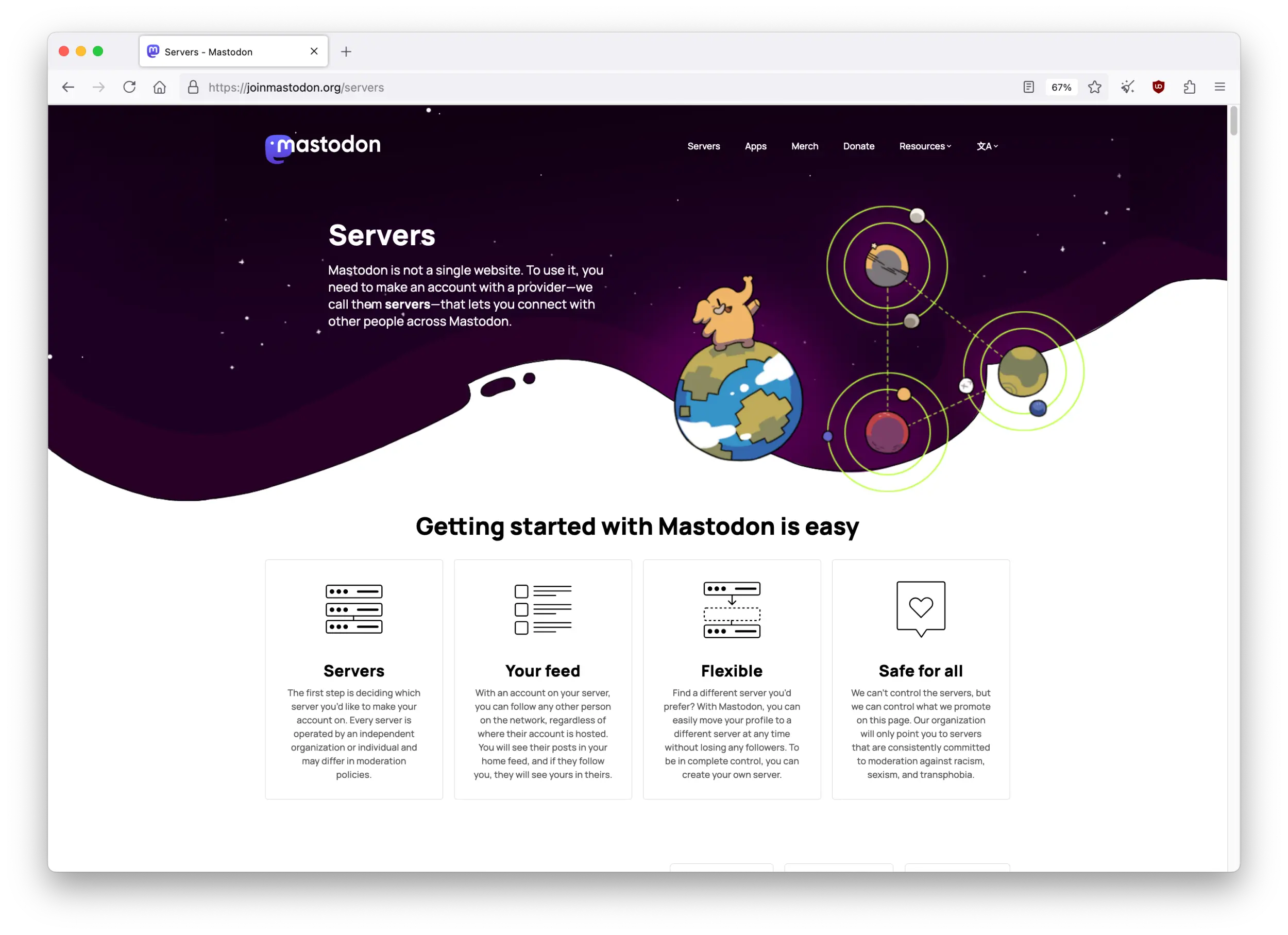 Screenshot of the official Mastodon website from the page presenting various Mastodon instances.