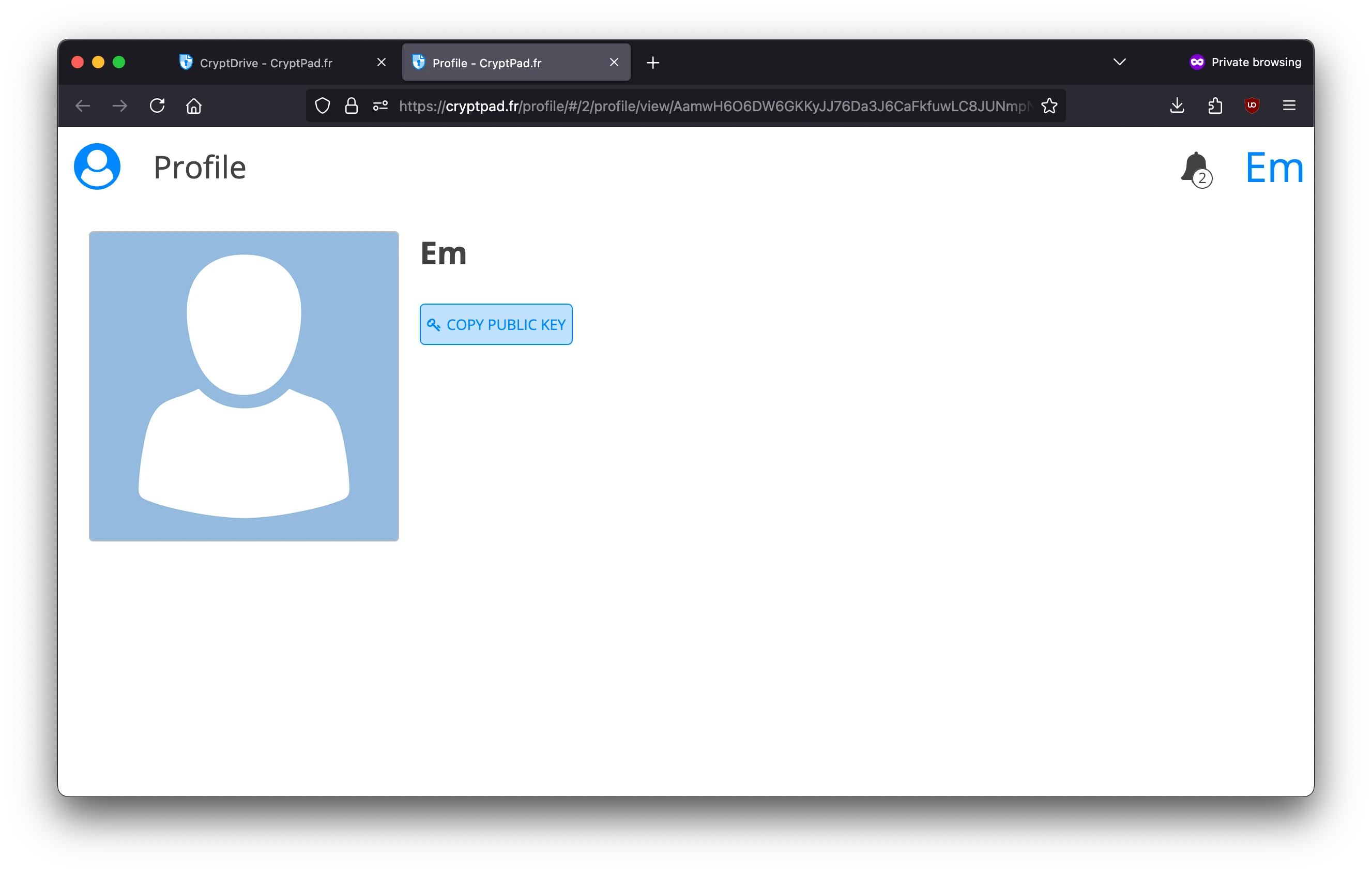 Screenshot from a CryptPad profile page showing the copy public key button.